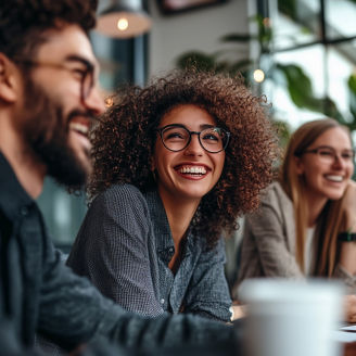 Group of colleagues engaging in a discussion during a business meeting in a conference room. Happy business people, men and women
