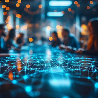 Focused business meeting at a roundtable, abstract network background softly blurred to emphasize teamwork