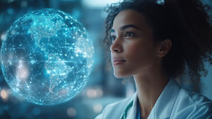 A woman is looking at a computer screen with a globe on it. The globe is surrounded by a blue light and the woman is looking at it intently