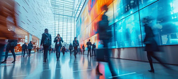 Fast movement and blurred business people in A bustling corporate lobby with business professionals networking, exchanging ideas beside a digital interactive wall displaying real-time market analytics
