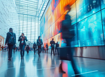 Fast movement and blurred business people in A bustling corporate lobby with business professionals networking, exchanging ideas beside a digital interactive wall displaying real-time market analytics
