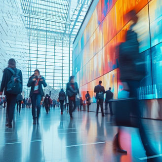 Fast movement and blurred business people in A bustling corporate lobby with business professionals networking, exchanging ideas beside a digital interactive wall displaying real-time market analytics