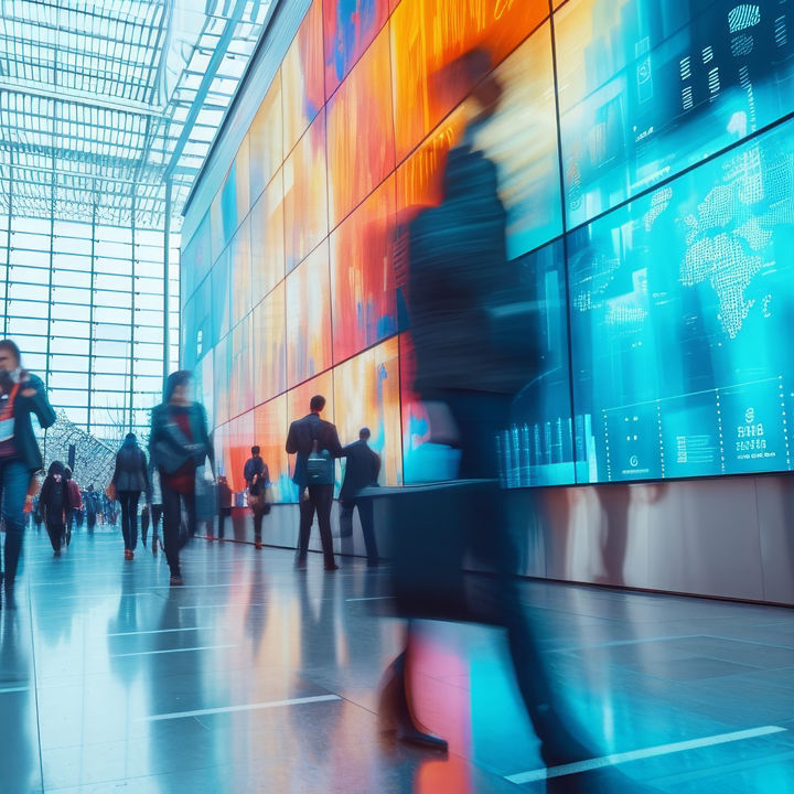 Fast movement and blurred business people in A bustling corporate lobby with business professionals networking, exchanging ideas beside a digital interactive wall displaying real-time market analytics