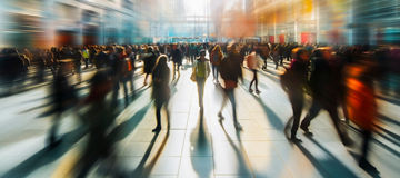 Crowded public place with people passing by, traffic flow motion blur effect illustration.