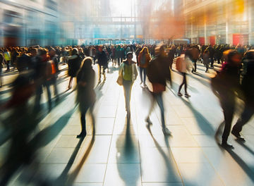 Crowded public place with people passing by, traffic flow motion blur effect illustration.