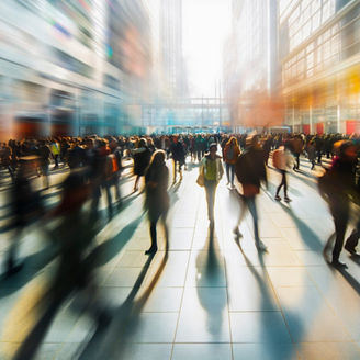 Crowded public place with people passing by, traffic flow motion blur effect illustration.