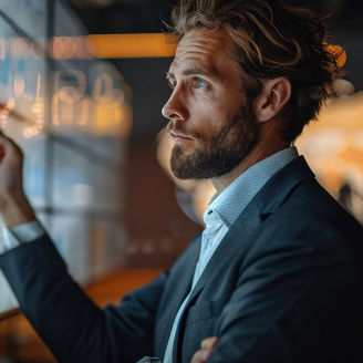A businessman standing in front of a large presentation screen, analyzing sales data and discussing strategies for optimizing performance and driving revenue growth. Generative AI.