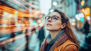Woman looking up thoughtfully on a city street at night with light trails.