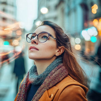 Woman looking up thoughtfully on a city street at night with light trails.