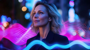 mature beautiful businesswoman immersed by abstract technological light waves around her in the city night background. This stock photo contest winner is an award-winning photograph with high resolution, high definition, sharp focus, intricate details, and a highly detailed, hyperrealistic, cinematic lighting style. The professional color grading and clean, sharp focus. --ar 16:9 --profile hsmlrkb --v 6.1 Job ID: 76c70d76-cff0-45b6-86bb-c1b135f37d95