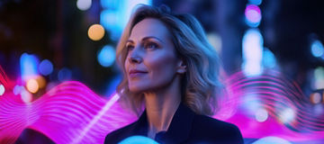 mature beautiful businesswoman immersed by abstract technological light waves around her in the city night background. This stock photo contest winner is an award-winning photograph with high resolution, high definition, sharp focus, intricate details, and a highly detailed, hyperrealistic, cinematic lighting style. The professional color grading and clean, sharp focus. --ar 16:9 --profile hsmlrkb --v 6.1 Job ID: 76c70d76-cff0-45b6-86bb-c1b135f37d95