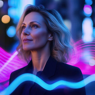 mature beautiful businesswoman immersed by abstract technological light waves around her in the city night background. This stock photo contest winner is an award-winning photograph with high resolution, high definition, sharp focus, intricate details, and a highly detailed, hyperrealistic, cinematic lighting style. The professional color grading and clean, sharp focus. --ar 16:9 --profile hsmlrkb --v 6.1 Job ID: 76c70d76-cff0-45b6-86bb-c1b135f37d95