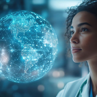 A woman is looking at a computer screen with a globe on it. The globe is surrounded by a blue light and the woman is looking at it intently