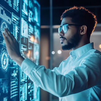 Businessman Interacting With Digital Interface  Futuristic Technology  Big Data Analysis  Innovation  Modern Office