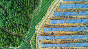 Solar farm, solar panels aerial view