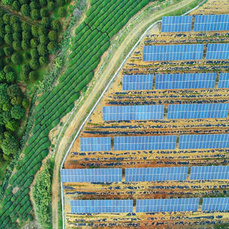 Solar farm, solar panels aerial view