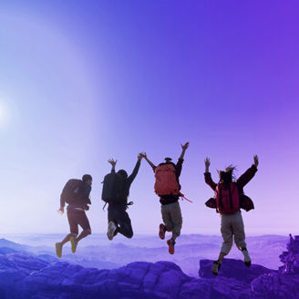 Group of hikers running