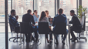 Group of people having meeting banner
