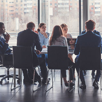 Group of people having meeting banner