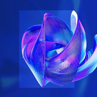 Forma tridimensional abstracta em tons de azul e roxo sobre um fundo azul escuro, criando um visual moderno, tecnológico e futurista.