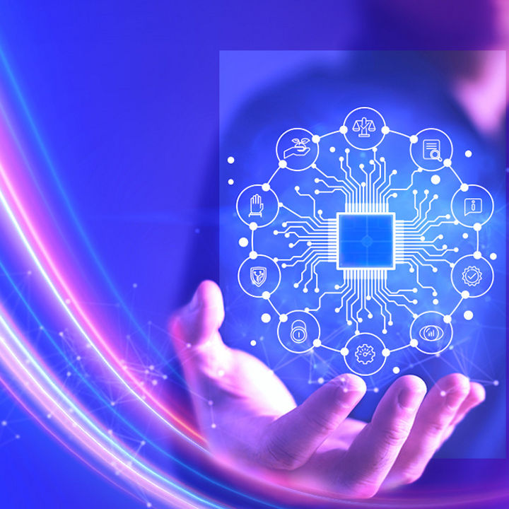 Hand holding hologram with Artificial intelligence icons