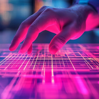 Hand interacting with futuristic holographic interface technology