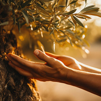 A heartwarming image of hands embracing an ancient olive tree, representing our connection to nature Generative AI