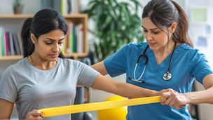 Two women physical therapy room woman left is Indian Therapist Assisting