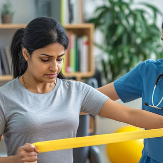 Two women physical therapy room woman left is Indian Therapist Assisting