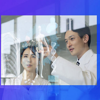 Doctors looking at hologram of body banner