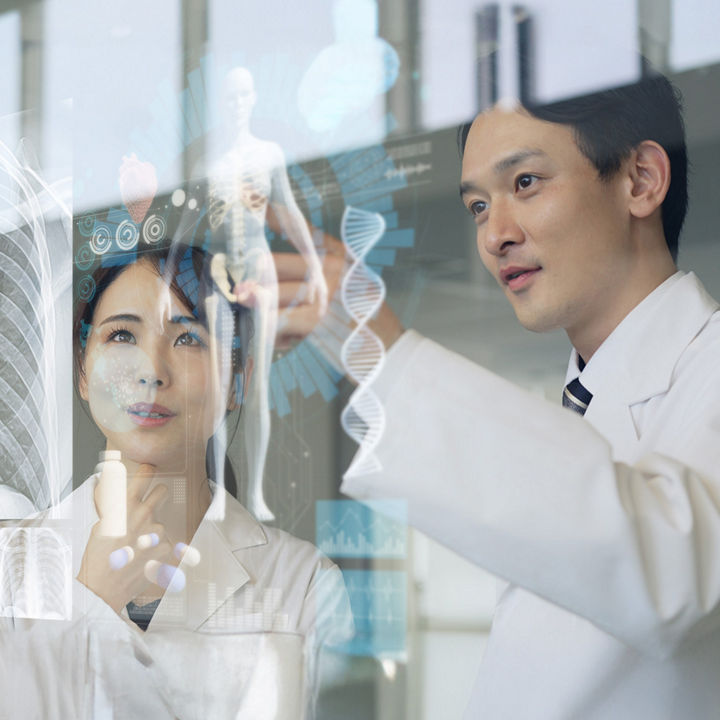 Doctors looking at hologram of body