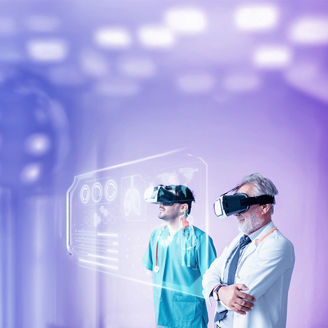 Two healthcare professionals, looking at a projection 