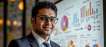 Businessman Presenting Charts on Whiteboard with Copy Space