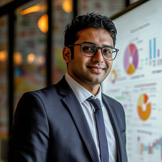 Businessman Presenting Charts on Whiteboard with Copy Space