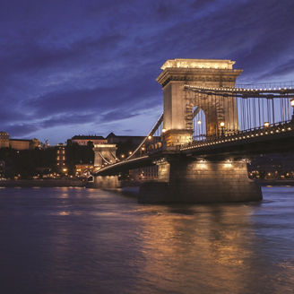 Buda Castle and Chain Bridge at night in Budapest, Hungary