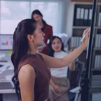 Person writing on a board while a small group sits and discusses in an office setting, with charts visible on a computer screen in the background