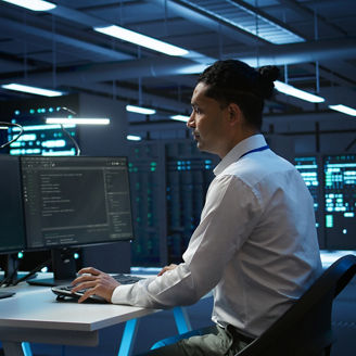 Engineer overseeing data center, making improvements and updates to ensure system can handle networking tasks, handheld camera shot. Indian man in server room tracking network traffic, camera B