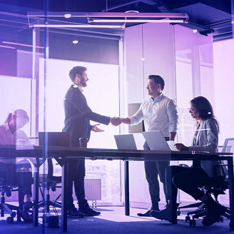 People standing near table young businessman