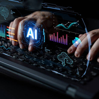 Hands typing on a keyboard with an AI logo overlaid representing agentic AI