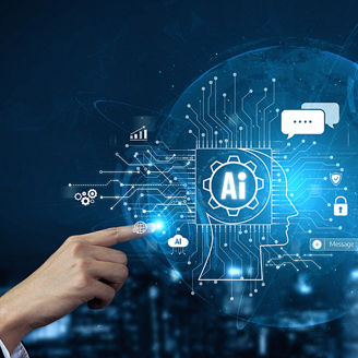 Human and robot hands pointing to AI logo Hands typing on a keyboard with an AI logo representing agentic AI