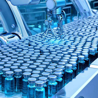 Automated pharmaceutical production line. Robotic arms handling vials, ampoules in a modern cleanroom.