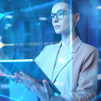 Executive using tablet and touch screen representing AI governance in critical infrastructure