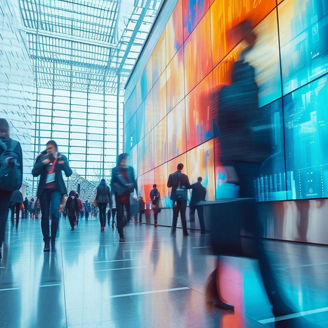 Blurred figures walking through high-tech office corridor