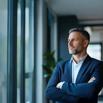 CEO in office gazing thoughtfully into distance