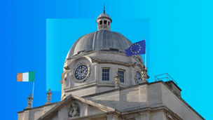 Leinster House, Ireland, with Irish and EU flags flying