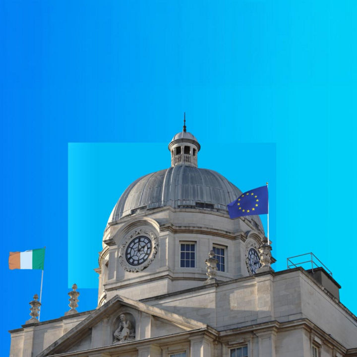 Leinster House, Ireland, with Irish and EU flags flying
