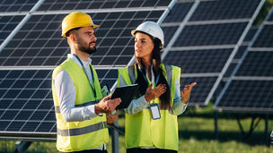 Two solar engineers standing together at a photovoltaic field representing Energy taxes in Budget 2027