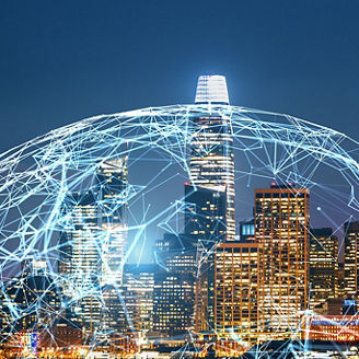 Cityscape of San Francisco at night with glowing network lines overlaying buildings, 