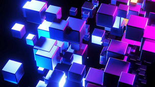 Abstract illustration of pink and purple cubes on dark blue background