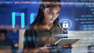 Tablet, lock security and woman in hologram representing cybersecurity